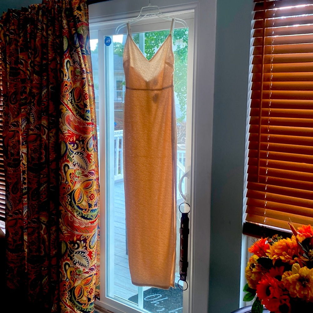 Selling a medium Windsor cream sequined long dress with high slit.